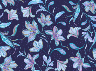 Vector  floral pattern of  decorative flowers on a dark background. Bohemian flowers. Magic flowers. 