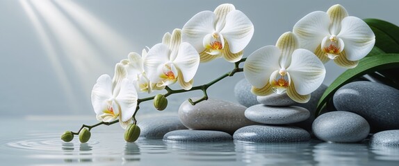 Peaceful spa setting with orchids and stones © DEER FLUFFY
