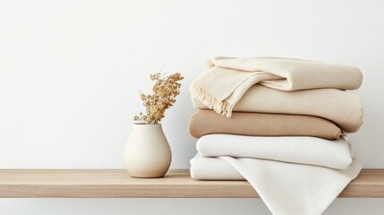 Cozy Neutral Textiles Stacked on Wooden Shelf with Minimalist Vase and Dried Flowers