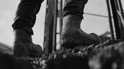 Fototapeta premium Construction worker pouring concrete for a foundation. Featuring precision and strength