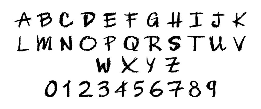 English alphabet and numbers 0-9, hand-drawn in a black wax crayon or chalk style on a board. Highlighter effect, perfect for kindergarten drawing, learning, and creative design. Vector illustration