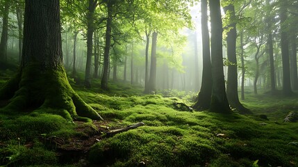 Obraz premium Lush Green Forest with Sunlight Filtering through Mist and Dense Vegetation
