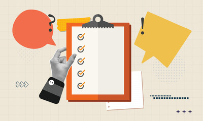 Trendy halftone collage Hand Write Checklist On Paper Business Person
