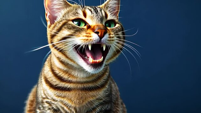Striped tabby cat with green eyes meowing or hissing with open mouth and sharp teeth against plain dark blue background

