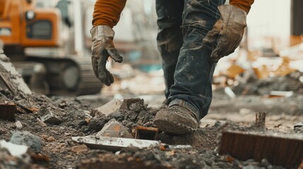 Construction worker removing debris at a construction site. Featuring teamwork and labor