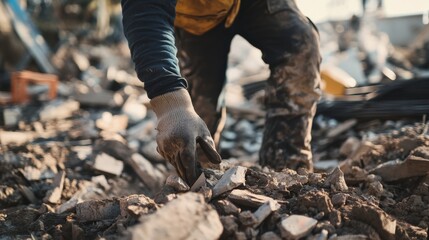 Fototapeta premium Construction worker removing debris at a construction site. Featuring teamwork and labor