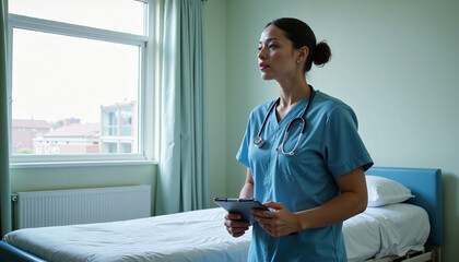 Medical professional in scrubs, thoughtfully reviewing patient information in hospital room