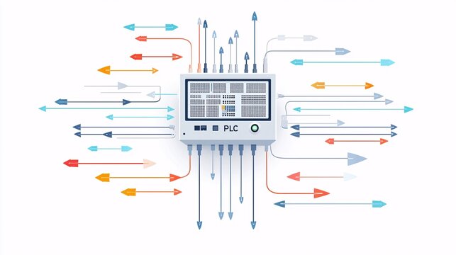 flat design showing programmable logic controller at center with arrows pointing to various industrial systems it controls, white background for instructional or infographic visuals. Programmable 