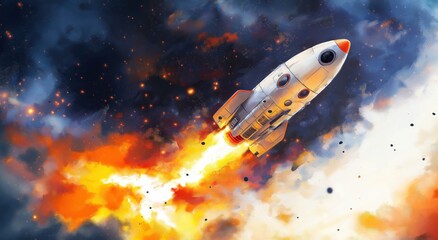 Naklejka premium Rocket Launch: Explosive Space Adventure with Futuristic Technology and Colorful Dynamics