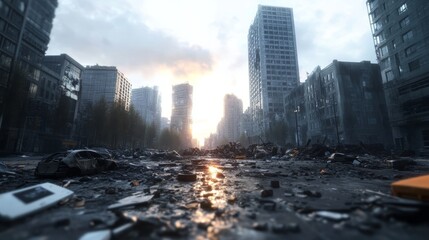 Urban landscape of destruction in a post-apocalyptic city at sunset showcasing debris and abandoned buildings
