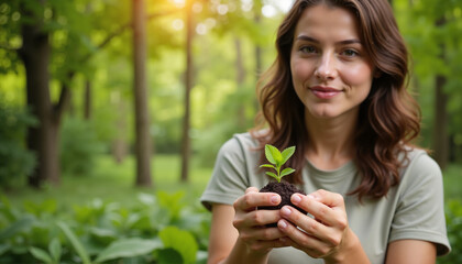 Smiling young woman holding small plant, caring for nature, in lush green forest environment