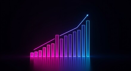 Neon graph showing an upward trend with pink and blue bars on a dark black background image view