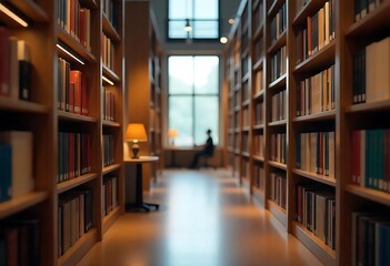 Obraz premium Generative AI image of a serene library with bookshelves and reader