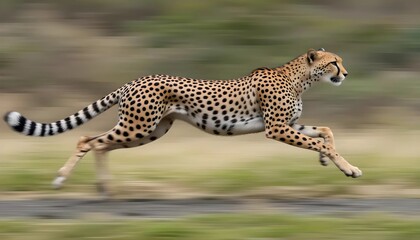 A cheetah, in full stride, runs across a savanna landscape.