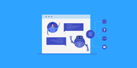 AI chatbot assistant, message communication with human customer, artificial intelligence technology understands user behaviour and query.