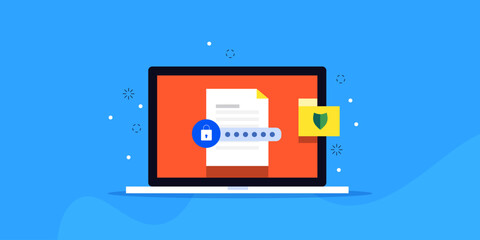 Digital document and folder security with passkey authorised login, file protected with anti-hacking software tool, cyber security concept.