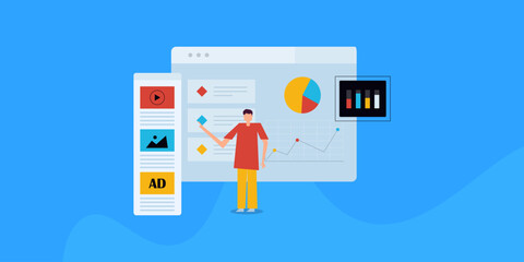 Data analyst reading business performance report, analysing video post, social media content and advertising insights with the help of graph and chart diagram.