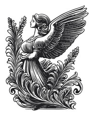 Obraz premium Elegant Engraving of a Graceful Angel Surrounded by Floral Elements