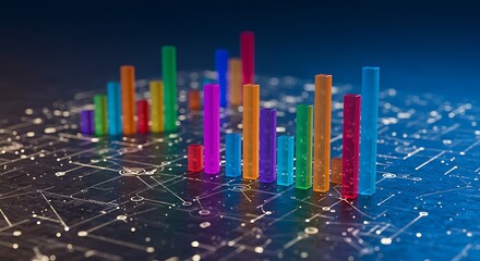 Obraz premium Colorful bar graph over a network of lines and dots representing data visualization concept image