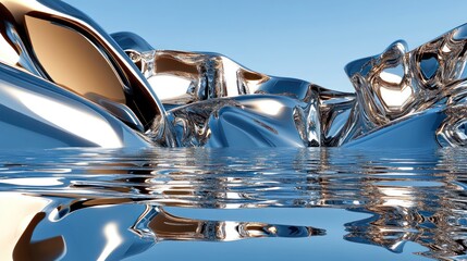 Abstract landscape of reflective metallic structures emerging from rippling water