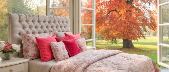 Serene bedroom interior with cozy bed adorned with pillows and duvet featuring autumn landscape through open window providing natural light