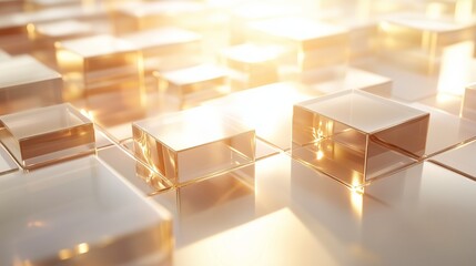 AI processor abstract scene, chrome shapes glowing in warm sunbeam, isolated on clean neutral background, room for text, ultra high definition