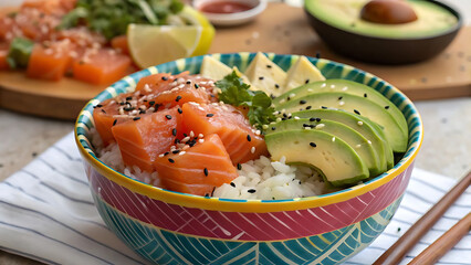"Fresh Salmon and Avocado Poke Bowl with Rice and Sesame Seeds"