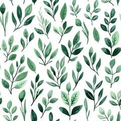 Watercolor green leaves seamless pattern on white background