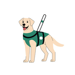 Flat illustration of a Labrador Retriever guide dog wearing a green harness and handle. Perfect for accessibility, service animals, disability support, and assistance dog themes. Vector illustration