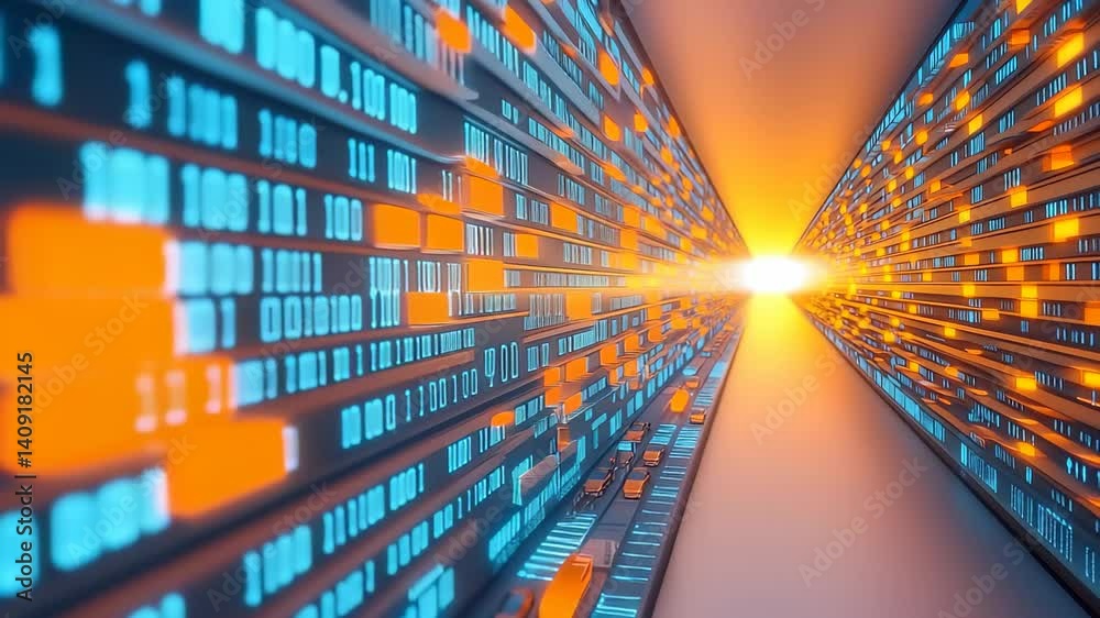 Poster futuristic tunnel of glowing binary code
