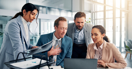 Meeting, teamwork and business people on laptop in office for feedback, finance review and online...