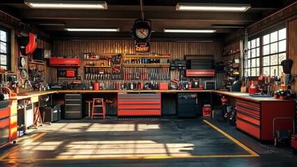 Organized and well-lit workshop garage interior with red toolboxes and wooden walls - Powered by Adobe