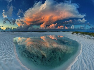 Naklejka premium Serene coastal lagoon reflecting vibrant sunset clouds on pristine white sand beach offering tranquility and natural beauty in a peaceful landscape