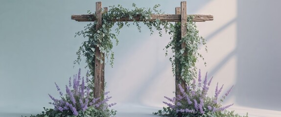 Rustic Wooden Bridal Arch Adorned With Ivy And Lavender Offering Charming Outdoor Wedding Vibes Galore.