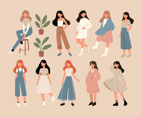Flat illustration of confident and fashionable young women with unique hairstyles and vibrant outfits.