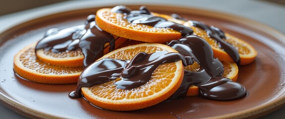 Orange slices in chocolate sauce on a brown plate.