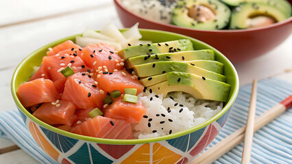 "Fresh Salmon and Avocado Poke Bowl with Rice and Sesame Seeds"