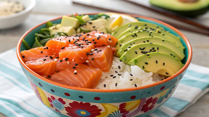 "Fresh Salmon and Avocado Poke Bowl with Rice and Sesame Seeds"