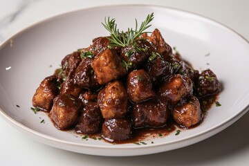 Plate of succulent potatoes coated in rich chocolate chili sauce, topped with fresh herbs. Concept of flavorful Chicken Mole featuring chocolate chili sauce.