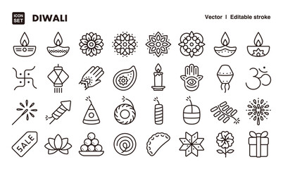 Diwali line icon set. Vector editable stroke icon.