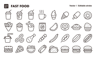 Fast food line icon set. Vector editable stroke icon.