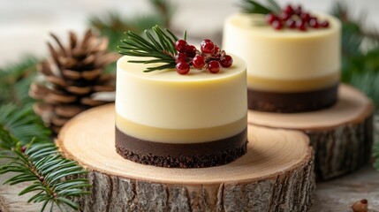 Minimalistic macro view of Christmas mini cheesecakes in New York style, placed on a wooden podium with pine and holly berries, neutral background for festive baking concepts.