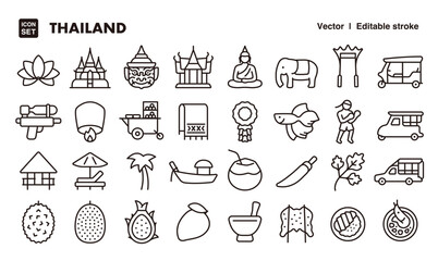 Thailand line icon set. Vector editable stroke icon.