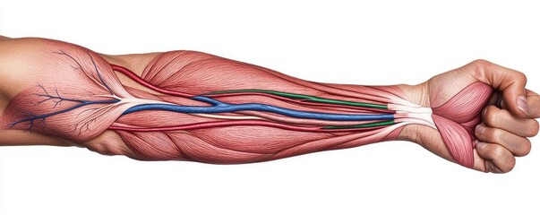 Human forearm anatomy artery vein skin and joint concept. Detailed illustration of human arm anatomy showcasing muscles and nerves.