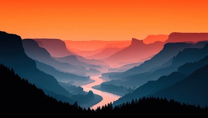 Obraz premium Serene Sunset Over a River Valley: A Panoramic View of Majestic Mountains
