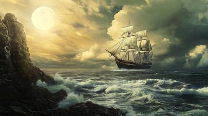 Fototapeta premium Sailing Ship On Stormy Seas Illuminated By The Moon At Sunset With Dramatic Clouds