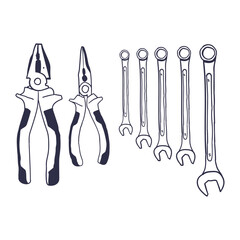 A set of hand tools including pliers and wrenches, drawn in a clean and minimal style – line art cartoon vector illustration design