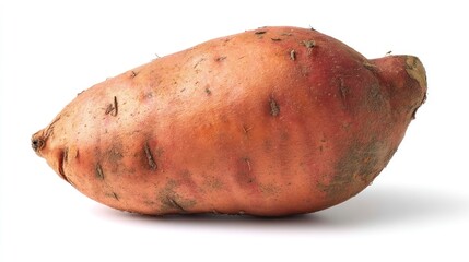 Close-up of Single Sweet Potato with Soil on White Background