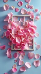 Fototapeta premium Heart Shape Frame with Petals on Blue Background