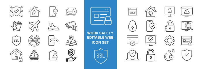 Work Safety editable stroke outline web icons set. Safety first, hazard, protection, health, insurance, regulations, helmet and work. Vector illustration